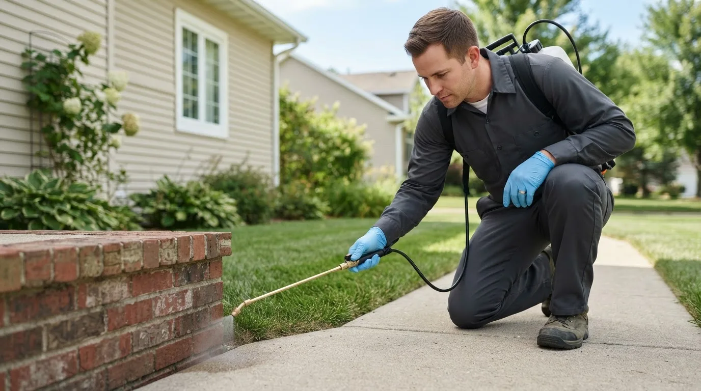 Pest control technician treating a home near Orwell, OH